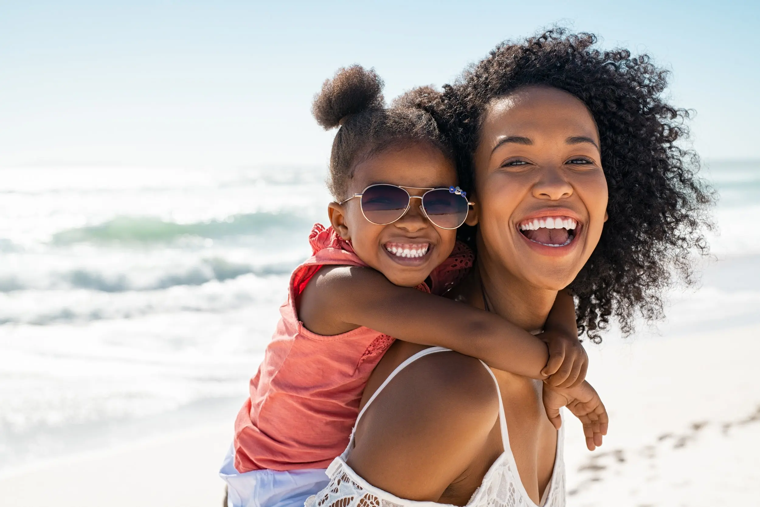 Smiling,Black,Mother,And,Beautiful,Daughter,Wearing,Sunglasses,Having,Fun